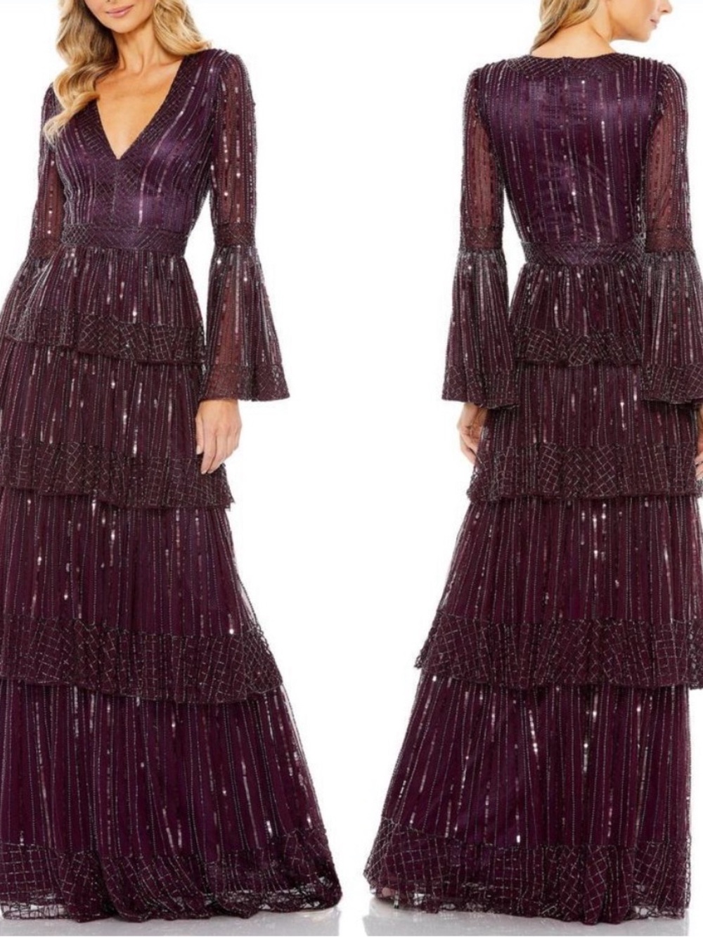 Mac Duggal Plum Sequin Tiered Maxi Dress